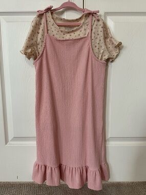 H&M - Girls' Pink Ruffle-Hem Pinafore Dress with Floral Tee